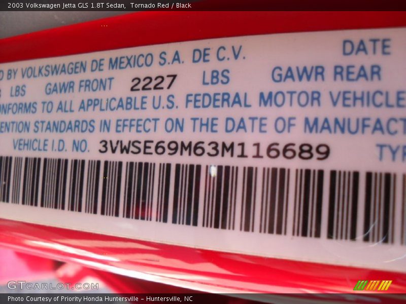 Tornado Red / Black 2003 Volkswagen Jetta GLS 1.8T Sedan