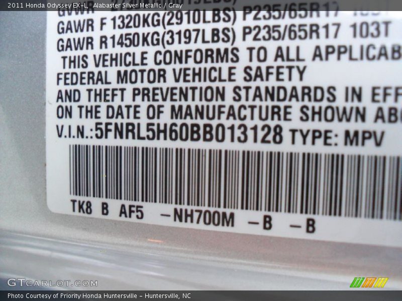 Alabaster Silver Metallic / Gray 2011 Honda Odyssey EX-L