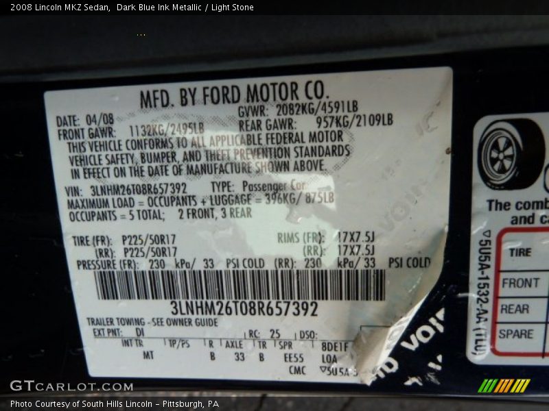 Dark Blue Ink Metallic / Light Stone 2008 Lincoln MKZ Sedan