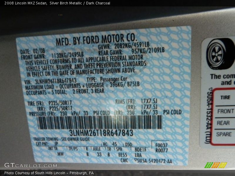 Silver Birch Metallic / Dark Charcoal 2008 Lincoln MKZ Sedan