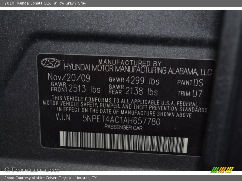 Willow Gray / Gray 2010 Hyundai Sonata GLS