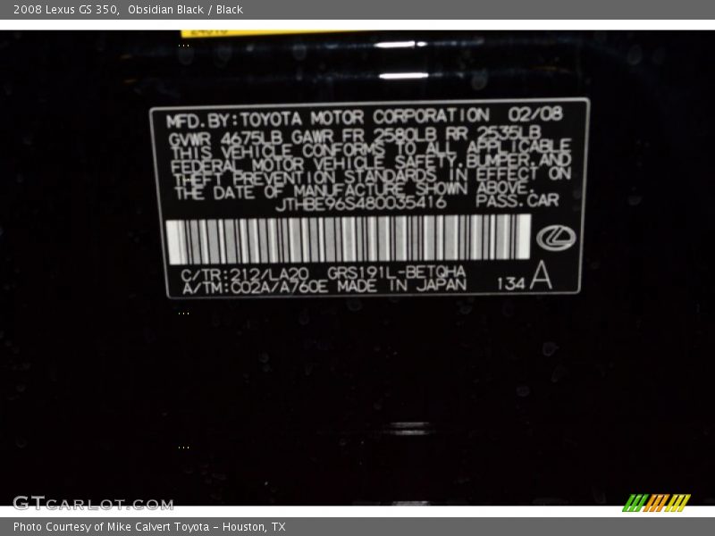 Obsidian Black / Black 2008 Lexus GS 350