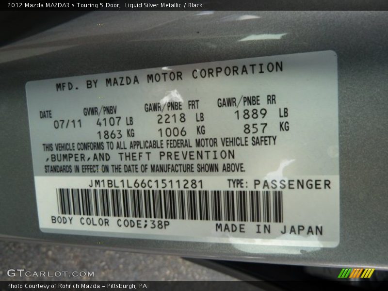 2012 MAZDA3 s Touring 5 Door Liquid Silver Metallic Color Code 38P