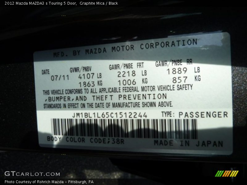 2012 MAZDA3 s Touring 5 Door Graphite Mica Color Code 38R