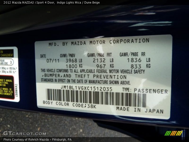 2012 MAZDA3 i Sport 4 Door Indigo Lights Mica Color Code 38K