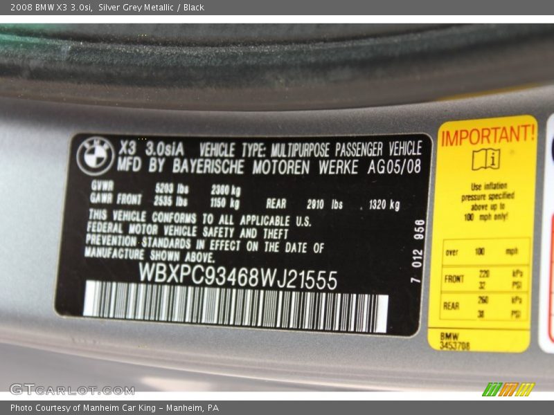 Silver Grey Metallic / Black 2008 BMW X3 3.0si