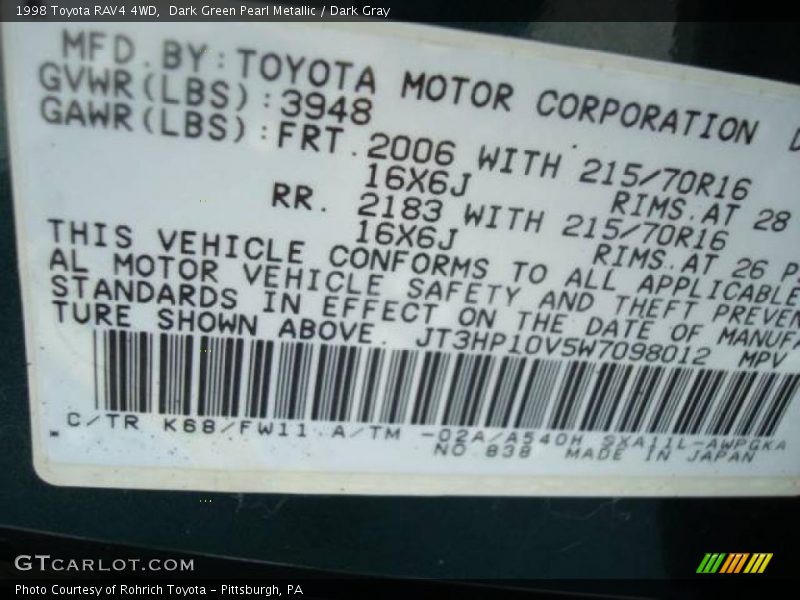 Dark Green Pearl Metallic / Dark Gray 1998 Toyota RAV4 4WD
