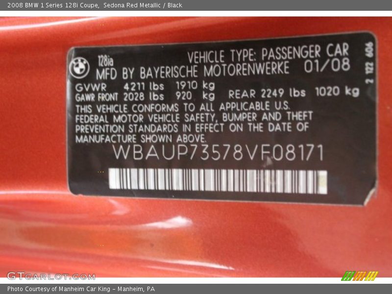 Sedona Red Metallic / Black 2008 BMW 1 Series 128i Coupe