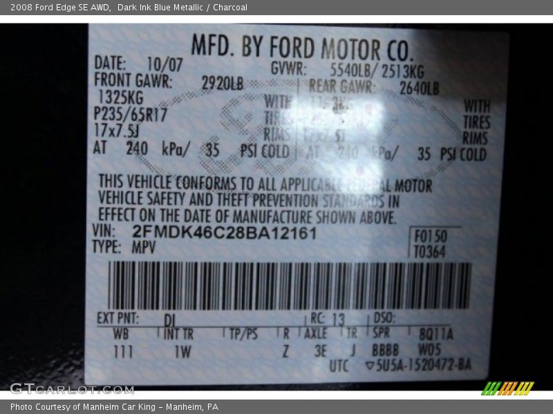 2008 Edge SE AWD Dark Ink Blue Metallic Color Code DI