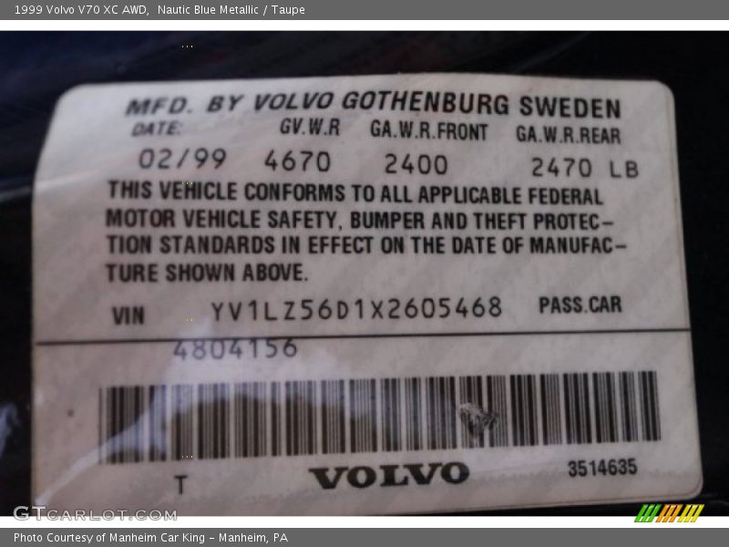 Nautic Blue Metallic / Taupe 1999 Volvo V70 XC AWD