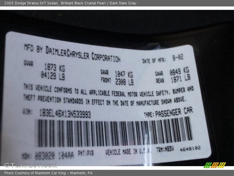 Brilliant Black Crystal Pearl / Dark Slate Gray 2003 Dodge Stratus SXT Sedan