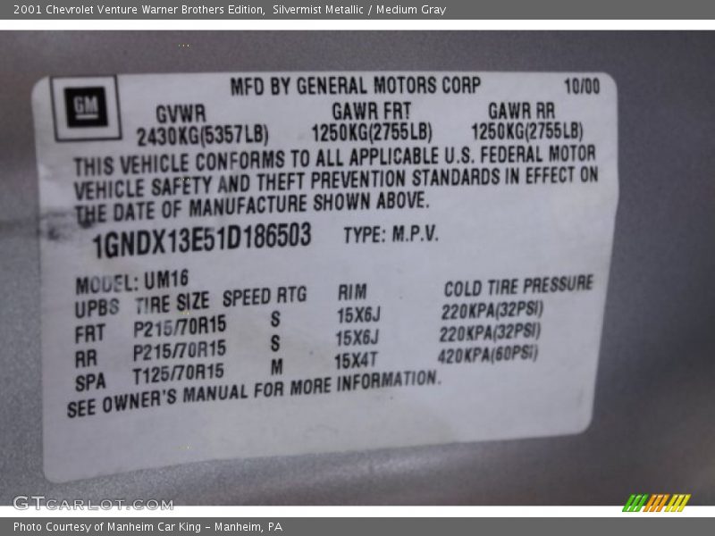 Info Tag of 2001 Venture Warner Brothers Edition