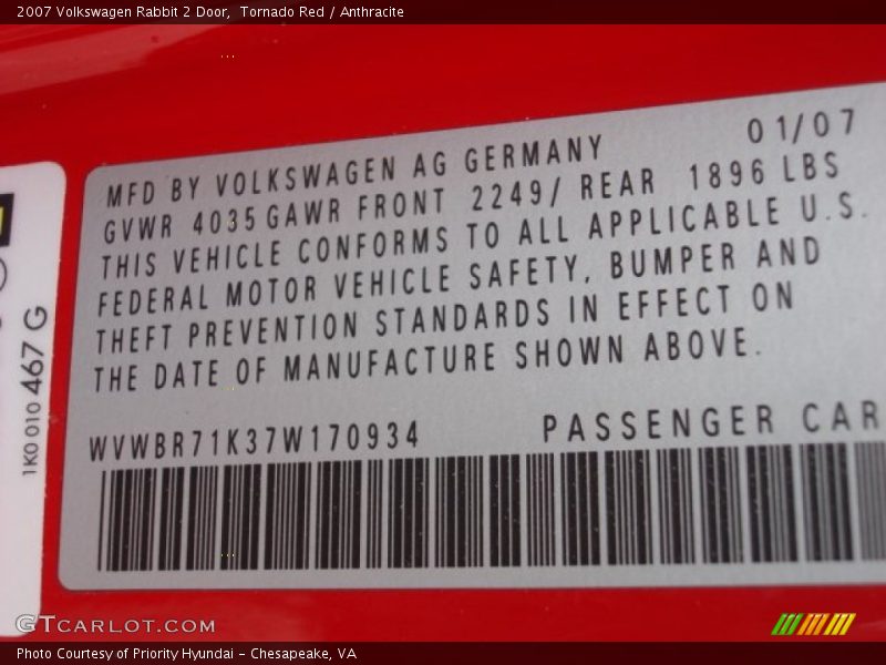 Tornado Red / Anthracite 2007 Volkswagen Rabbit 2 Door