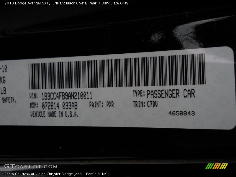 Brilliant Black Crystal Pearl / Dark Slate Gray 2010 Dodge Avenger SXT