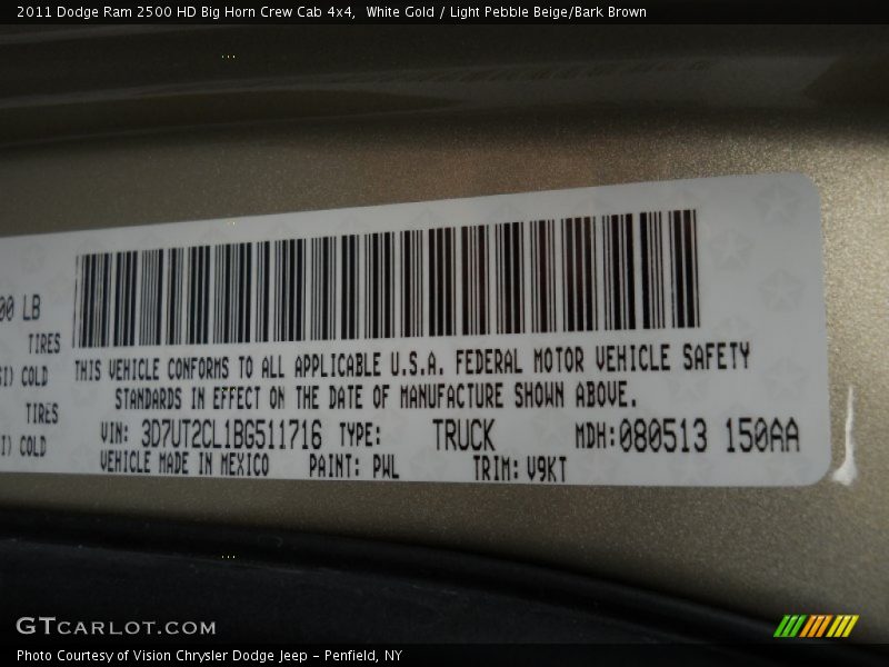 2011 Ram 2500 HD Big Horn Crew Cab 4x4 White Gold Color Code PWL