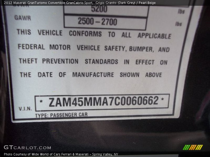 Info Tag of 2012 GranTurismo Convertible GranCabrio Sport
