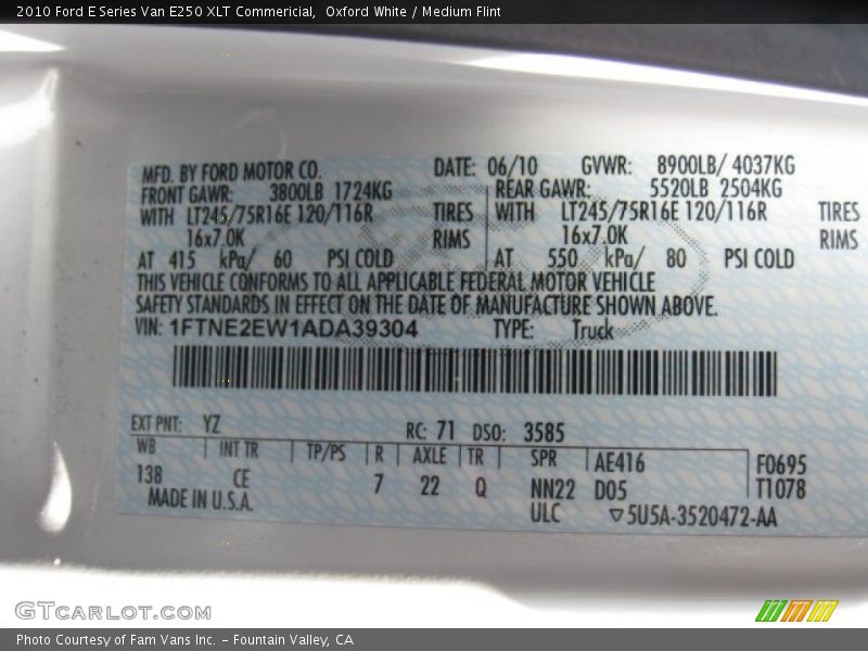 Oxford White / Medium Flint 2010 Ford E Series Van E250 XLT Commericial