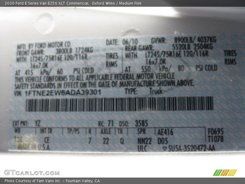 Oxford White / Medium Flint 2010 Ford E Series Van E250 XLT Commericial