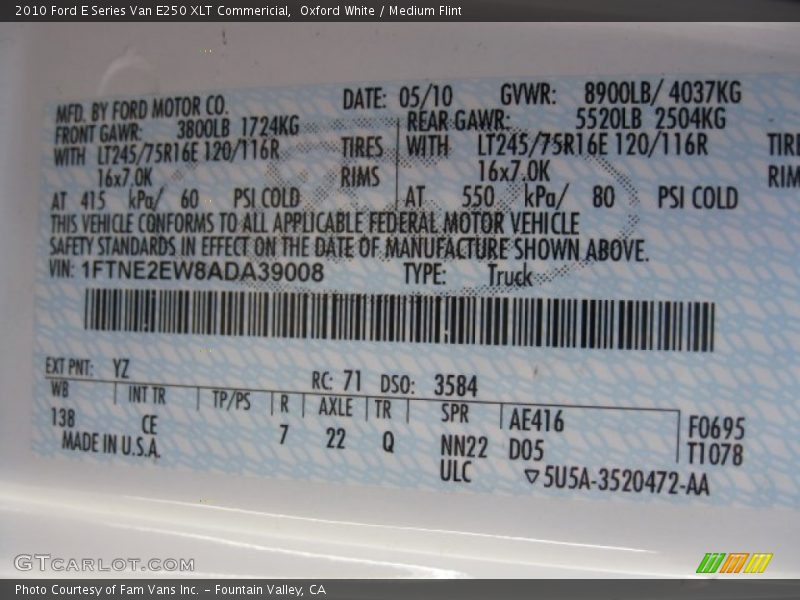 Oxford White / Medium Flint 2010 Ford E Series Van E250 XLT Commericial