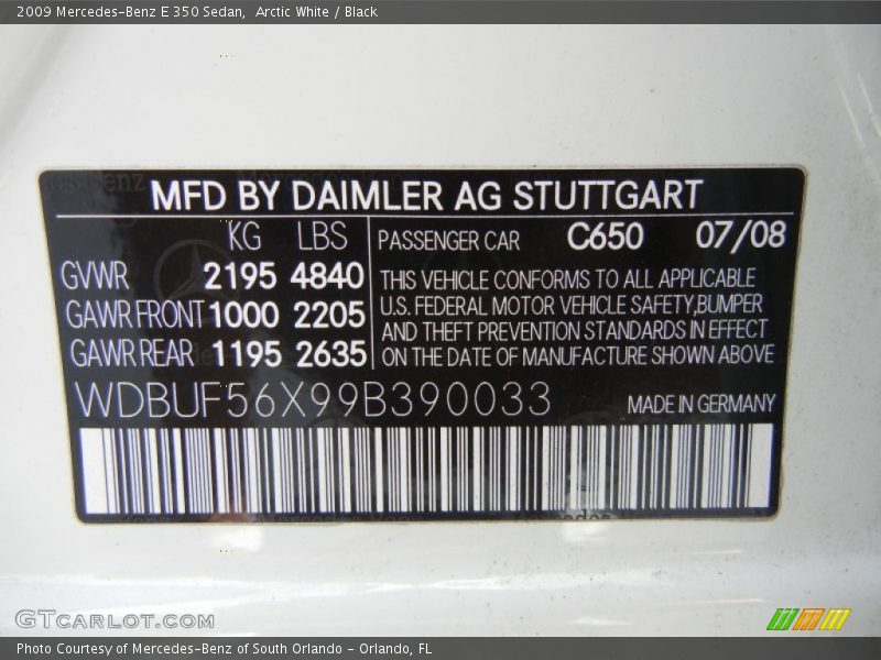 Arctic White / Black 2009 Mercedes-Benz E 350 Sedan