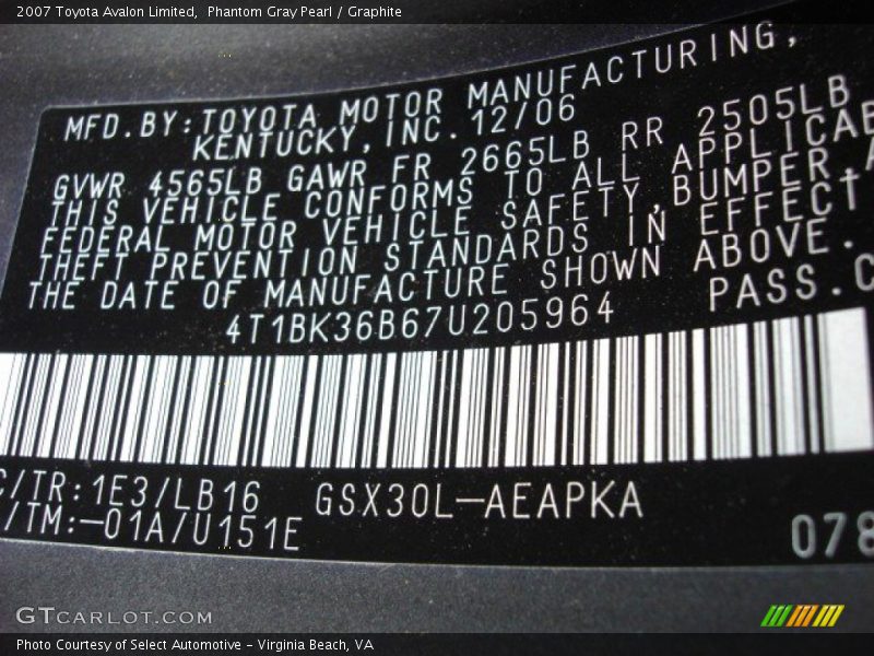 Phantom Gray Pearl / Graphite 2007 Toyota Avalon Limited