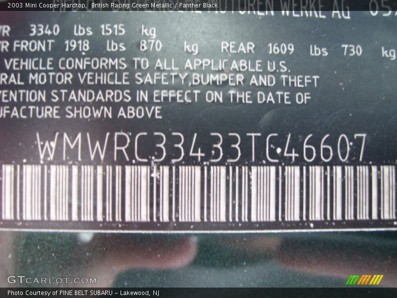 British Racing Green Metallic / Panther Black 2003 Mini Cooper Hardtop