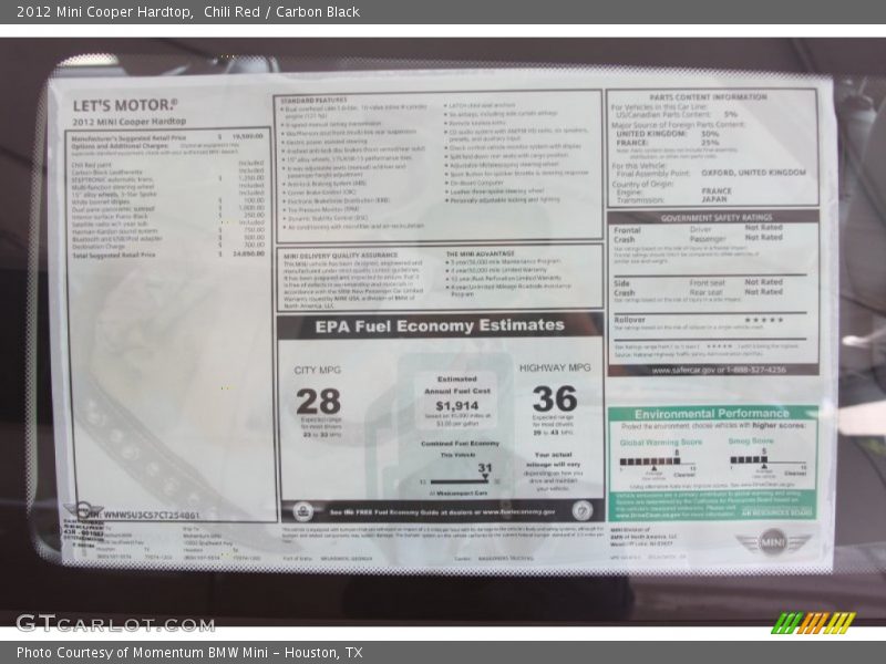  2012 Cooper Hardtop Window Sticker