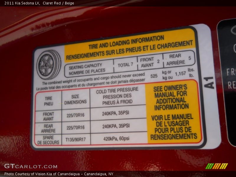 Claret Red / Beige 2011 Kia Sedona LX