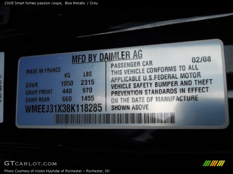 Blue Metallic / Grey 2008 Smart fortwo passion coupe