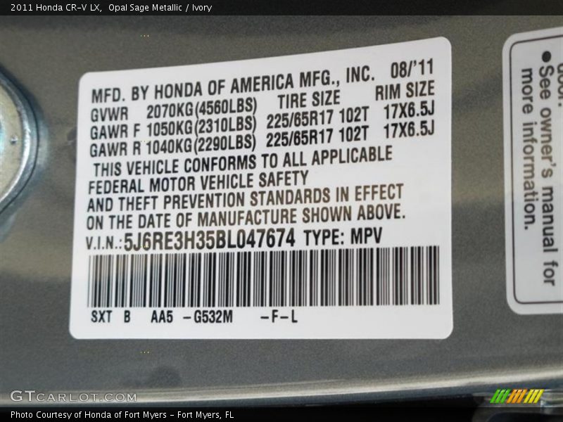 2011 CR-V LX Opal Sage Metallic Color Code G532M