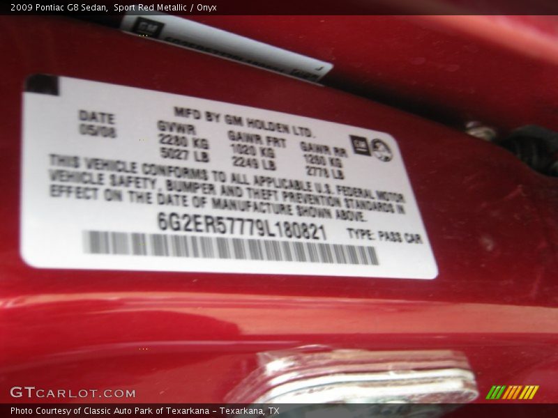 Info Tag of 2009 G8 Sedan