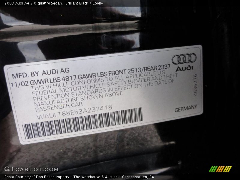 Brilliant Black / Ebony 2003 Audi A4 3.0 quattro Sedan