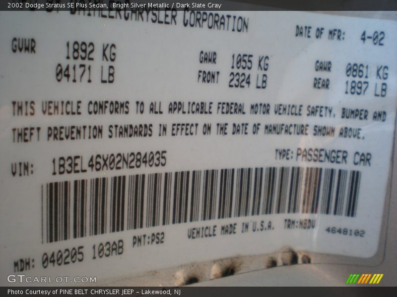 2002 Stratus SE Plus Sedan Bright Silver Metallic Color Code PS2