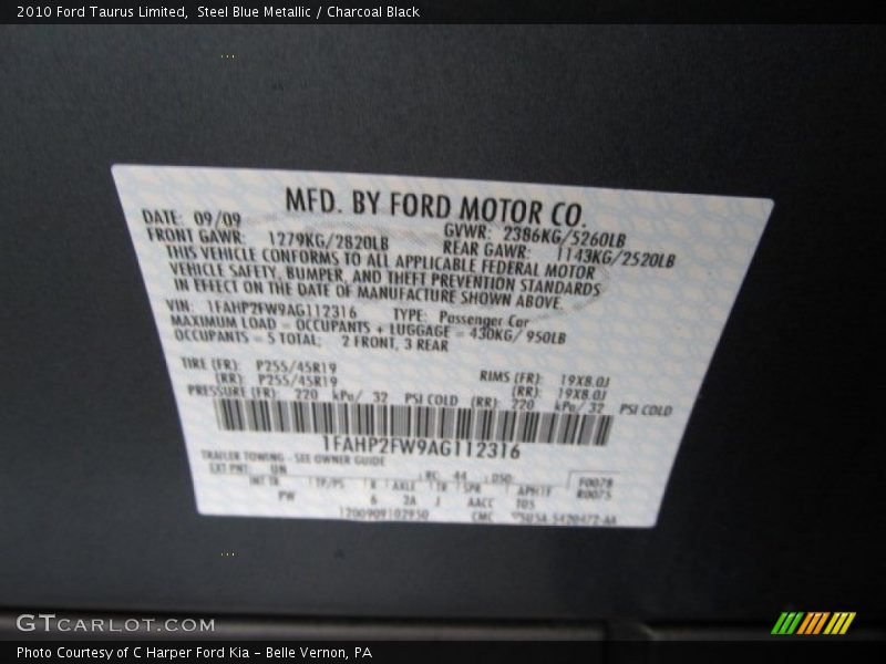 Steel Blue Metallic / Charcoal Black 2010 Ford Taurus Limited