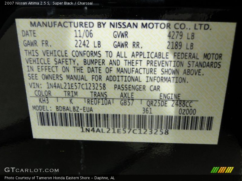 Super Black / Charcoal 2007 Nissan Altima 2.5 S