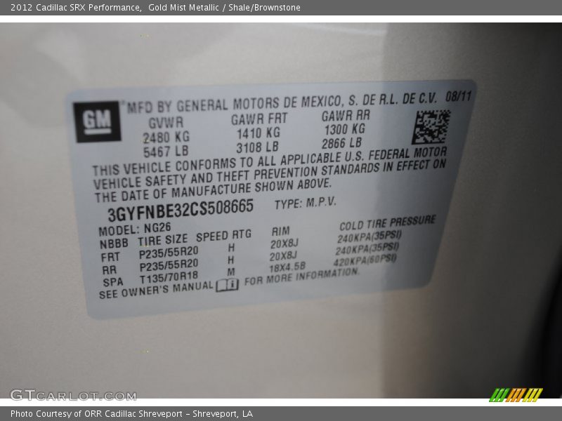 Gold Mist Metallic / Shale/Brownstone 2012 Cadillac SRX Performance