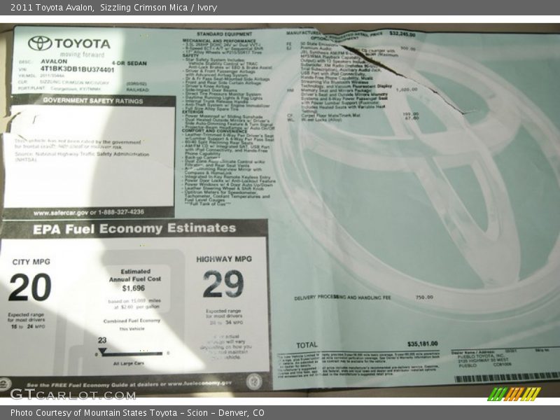 Sizzling Crimson Mica / Ivory 2011 Toyota Avalon