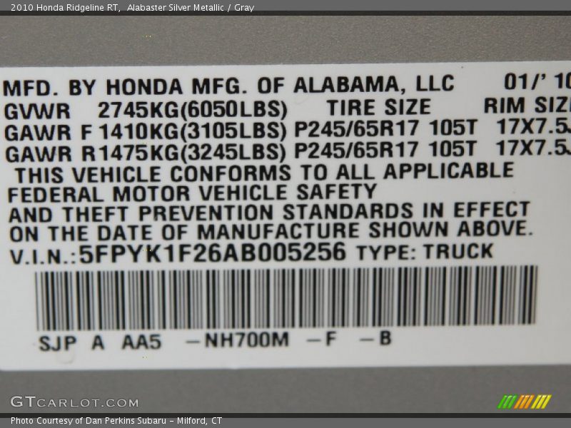 2010 Ridgeline RT Alabaster Silver Metallic Color Code NH700M