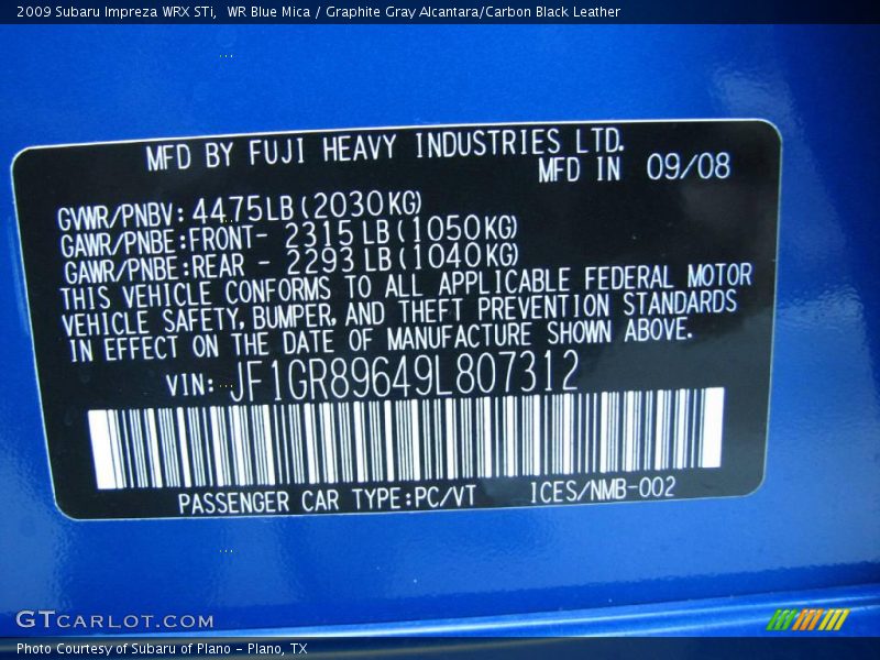 WR Blue Mica / Graphite Gray Alcantara/Carbon Black Leather 2009 Subaru Impreza WRX STi