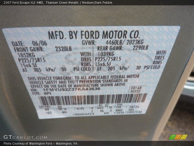 Titanium Green Metallic / Medium/Dark Pebble 2007 Ford Escape XLS 4WD