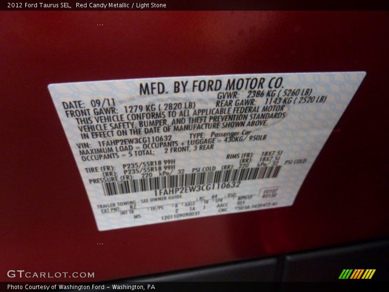 Red Candy Metallic / Light Stone 2012 Ford Taurus SEL