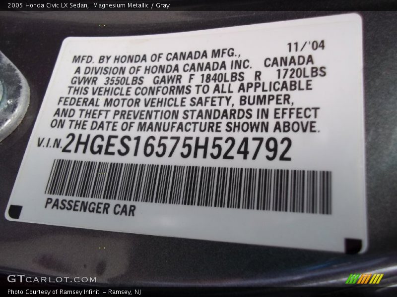 Magnesium Metallic / Gray 2005 Honda Civic LX Sedan