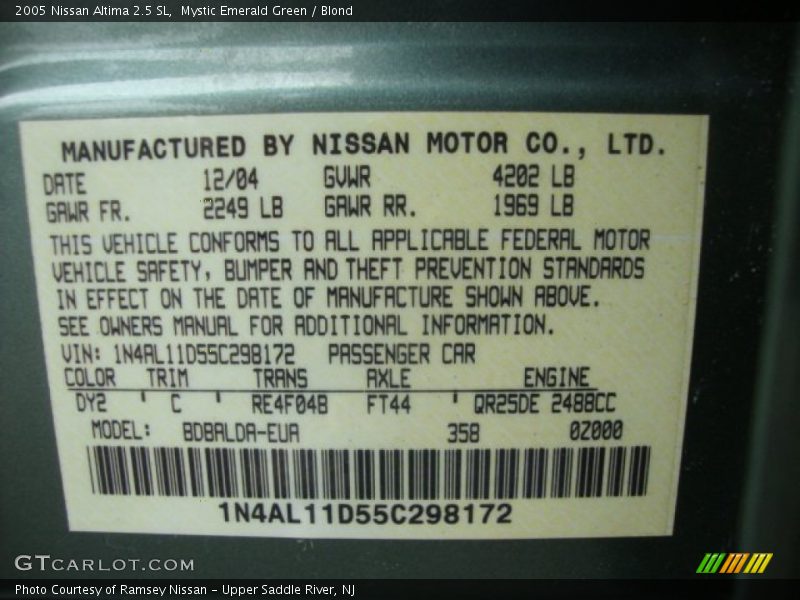 Mystic Emerald Green / Blond 2005 Nissan Altima 2.5 SL
