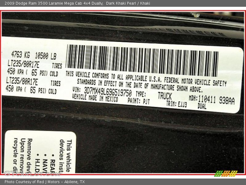 2009 Ram 3500 Laramie Mega Cab 4x4 Dually Dark Khaki Pearl Color Code PJT