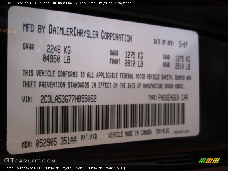 2007 300 Touring Brilliant Black Color Code PXR