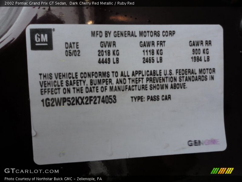 Dark Cherry Red Metallic / Ruby Red 2002 Pontiac Grand Prix GT Sedan