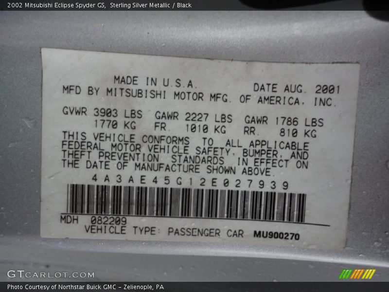 Info Tag of 2002 Eclipse Spyder GS