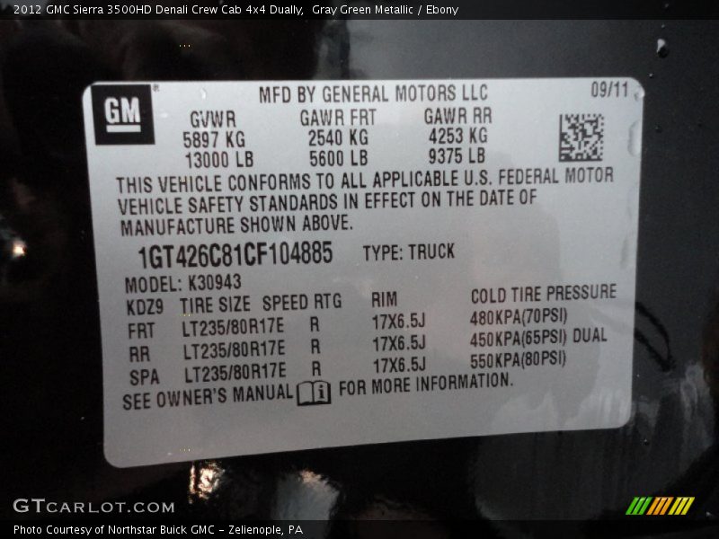 Gray Green Metallic / Ebony 2012 GMC Sierra 3500HD Denali Crew Cab 4x4 Dually