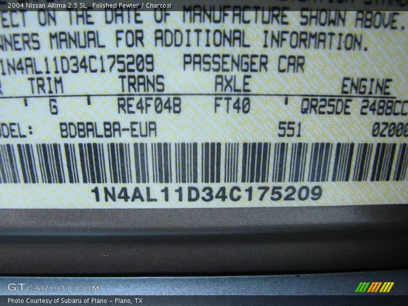 Polished Pewter / Charcoal 2004 Nissan Altima 2.5 SL