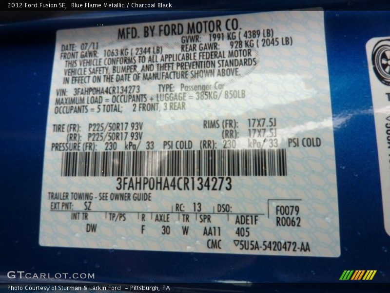 Blue Flame Metallic / Charcoal Black 2012 Ford Fusion SE